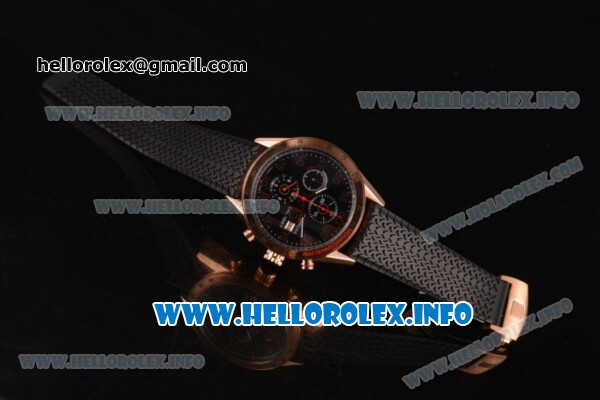 Tag Heuer Carrera Calibre 1887 Automatic Chronograph Miyota Quartz Rose Gold Case with Black Dial Red Second Hand and Black Rubber Strap - Click Image to Close